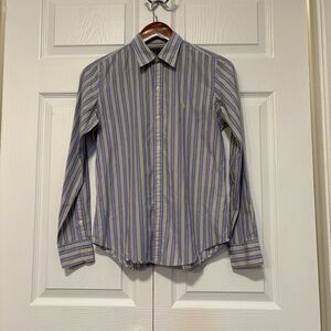 Y2K Ralph Lauren Sport Women’s M Slim Fit Striped Shirt Yellow Pony Preppy